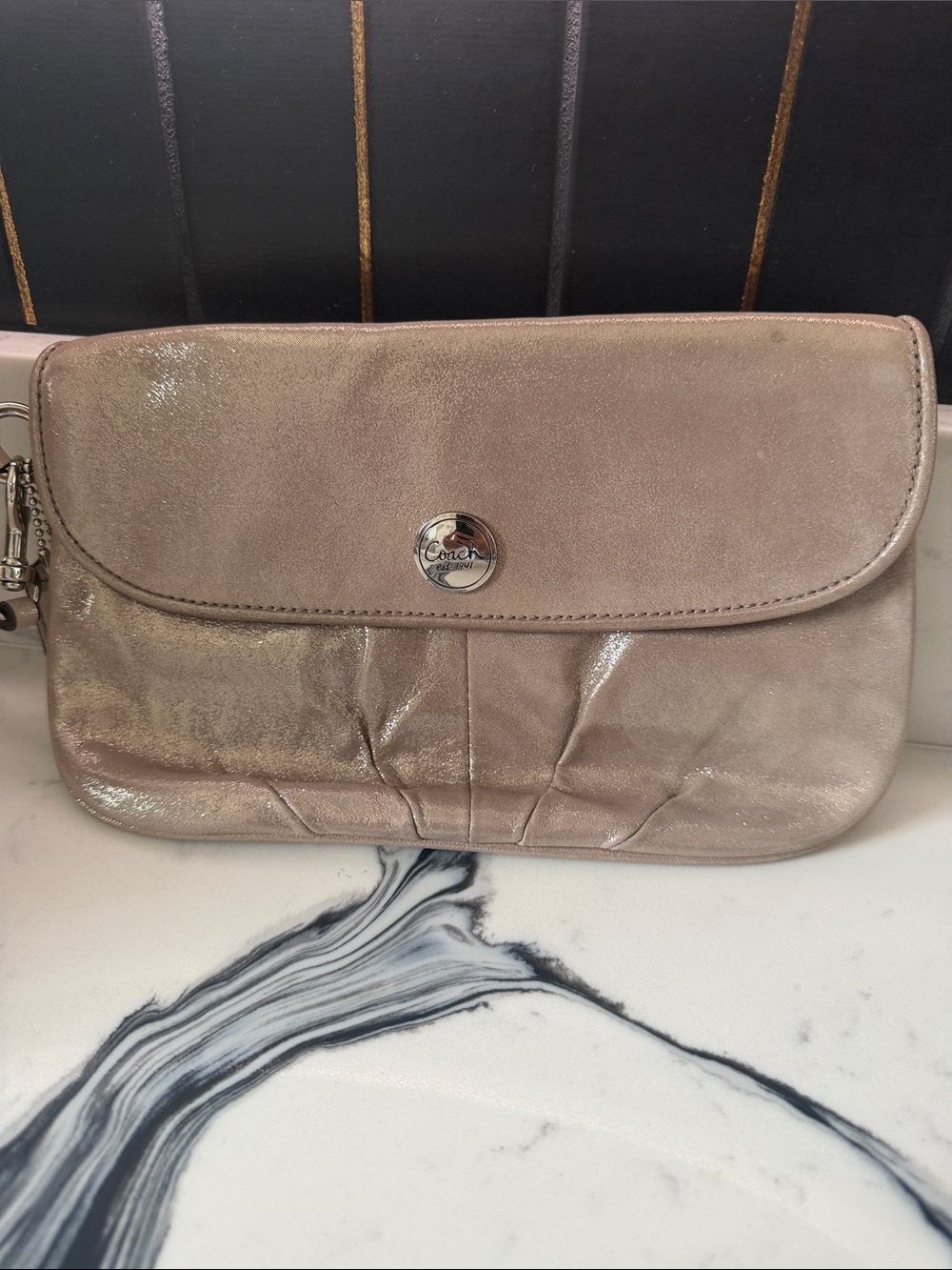Coach Metallic Rose Gold Leather Wristlet Clutch